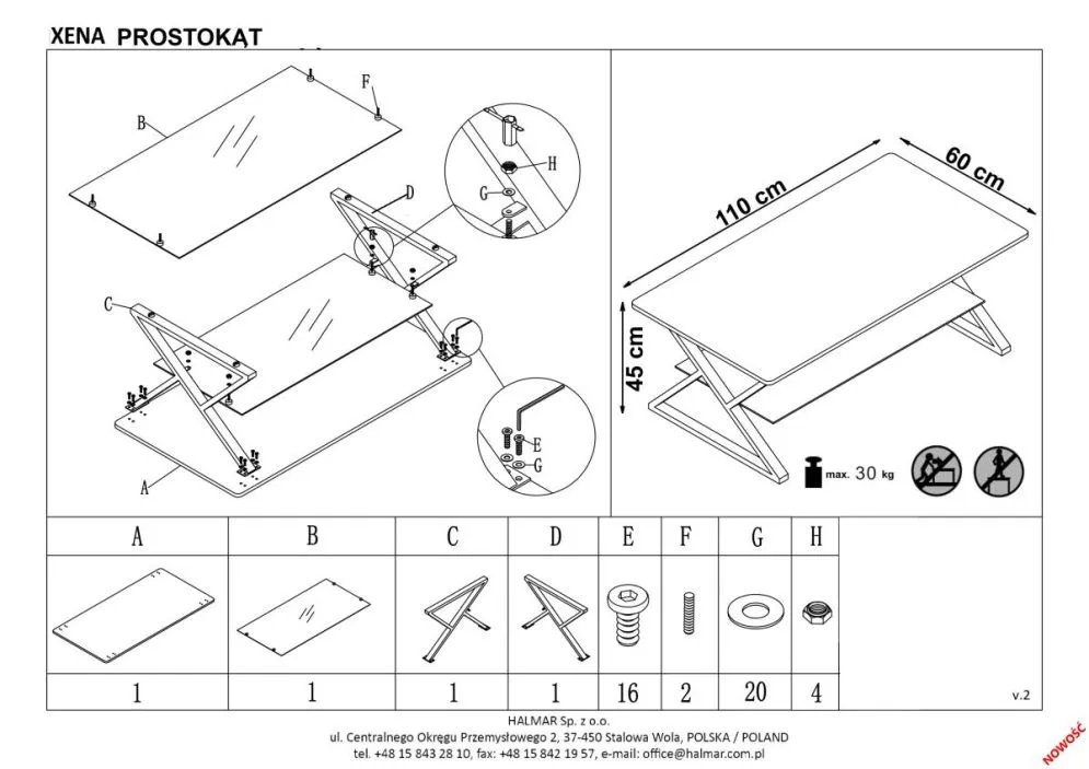 Ława XENA PROSTOKĄT 110x60 ze szklaną półką do salonu w stylu loft | MIRAT. styl LOFT