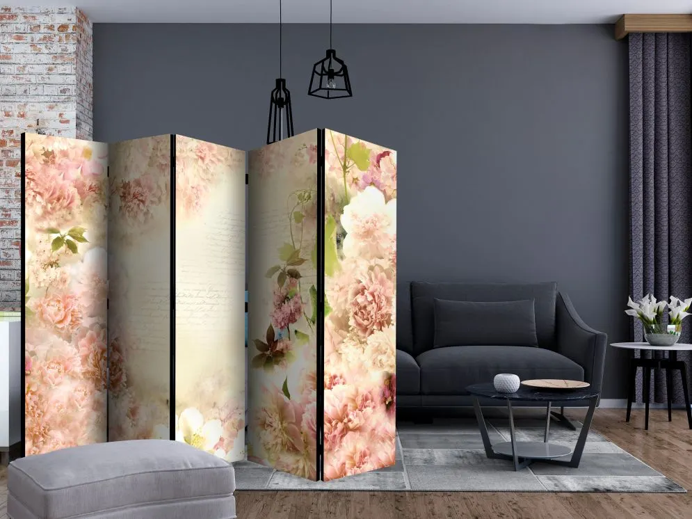 Parawan jednostronny Kwiaty 225x172 cm 5-częściowy biały | MIRAT.