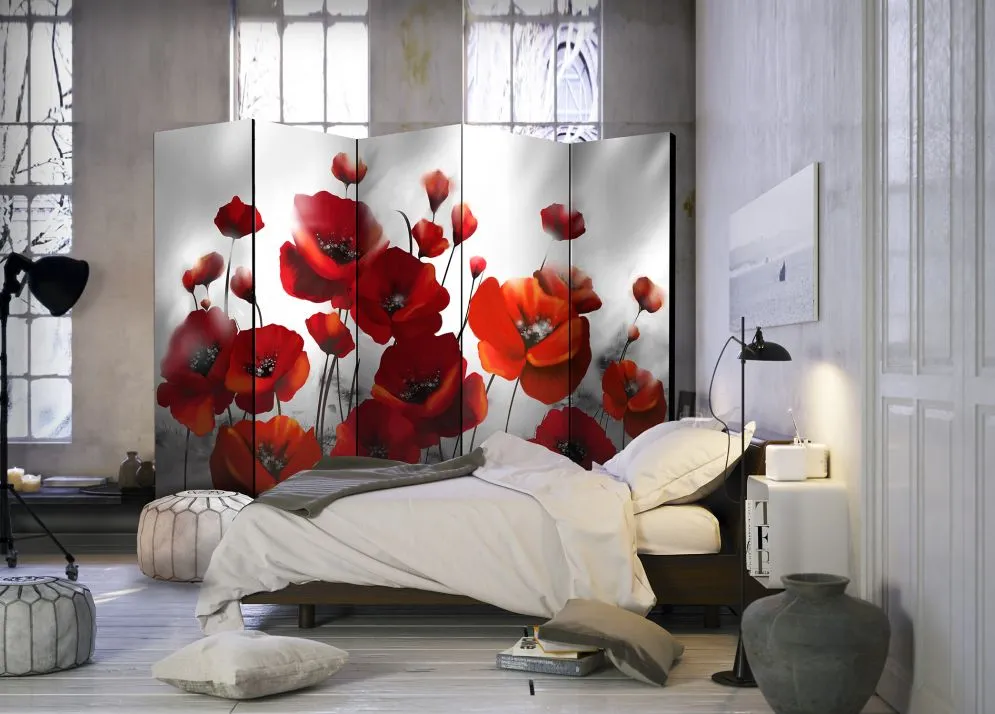 Parawan dwustronny Kwiaty 225x172 cm 5-częściowy szary | MIRAT.