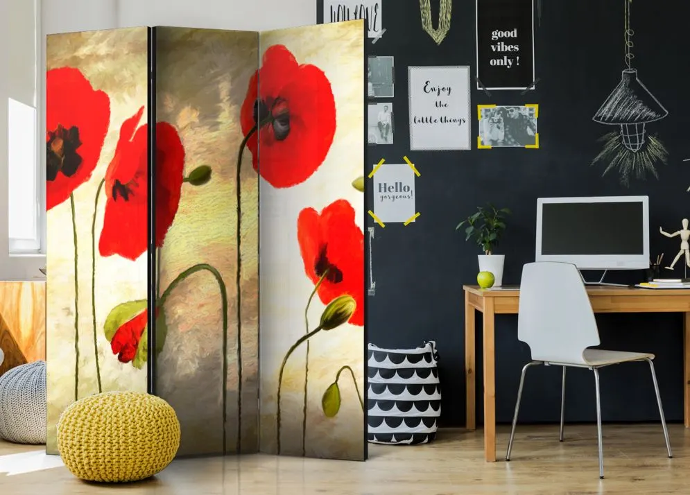 Parawan dwustronny Kwiaty 135x172 cm 3-częściowy beżowy | MIRAT.