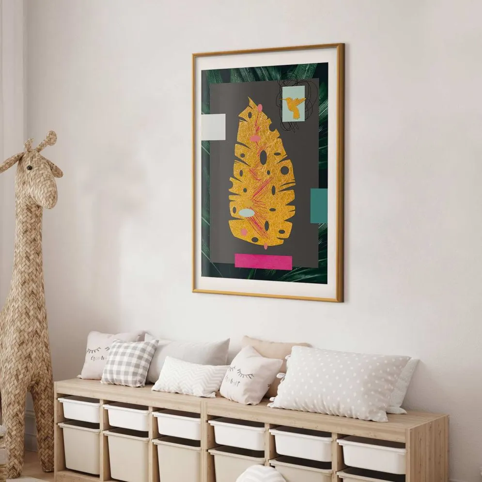 Plakat złotą liść 40x60 cm z ramą złotą z marginesem | MIRAT.