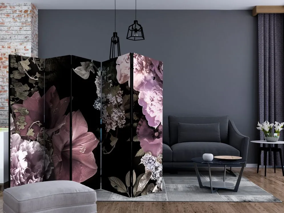 Parawan jednostronny Kwiaty 225x172 cm 5-częściowy czarny | MIRAT.