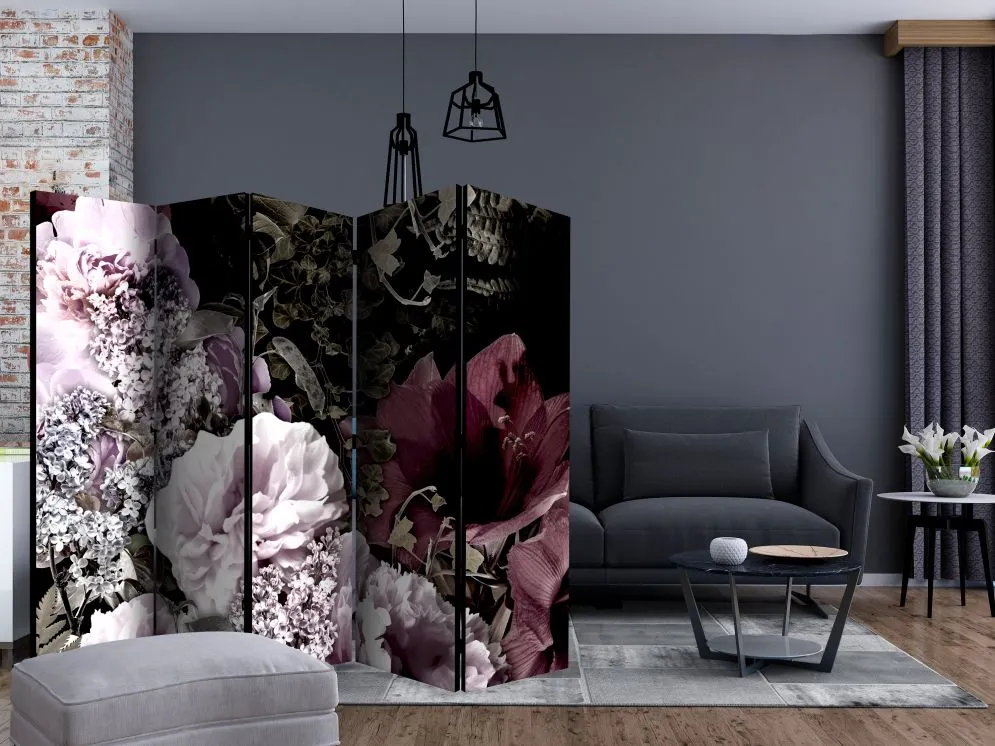 Parawan dwustronny Kwiaty 225x172 cm 5-częściowy czarny | MIRAT.