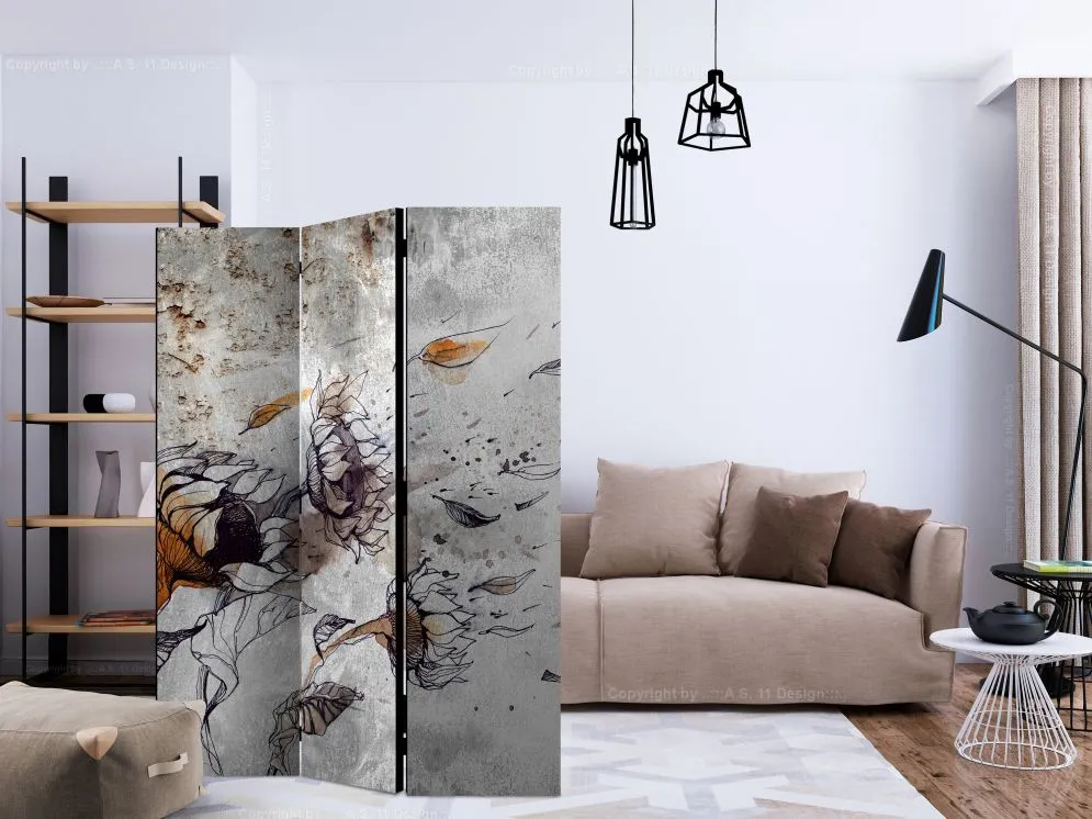 Parawan dwustronny Kwiaty 135x172 cm 3-częściowy szary | MIRAT.
