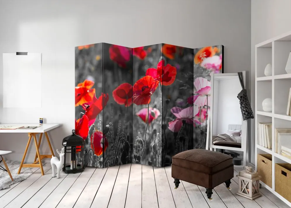 Parawan dwustronny Kwiaty 225x172 cm 5-częściowy szary | MIRAT.