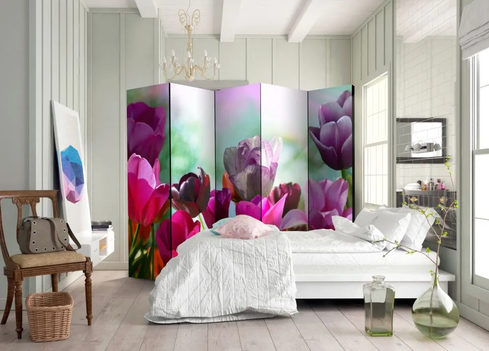 Parawan dwustronny Kwiaty 225x172 cm 5-częściowy szary | MIRAT.