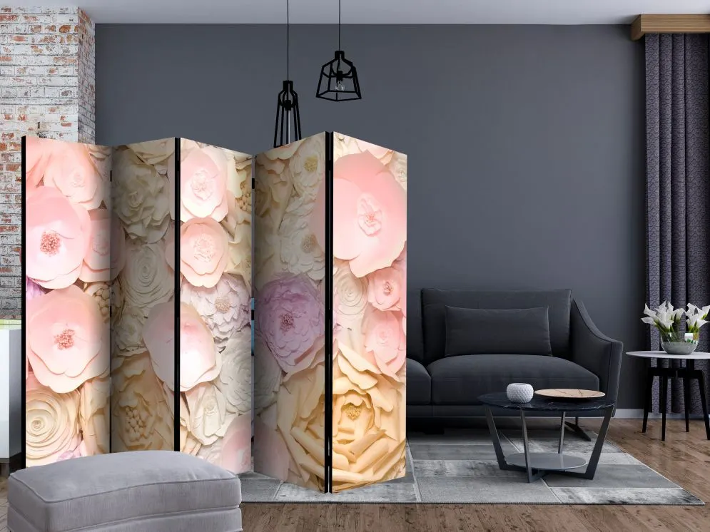 Parawan jednostronny Kwiaty 225x172 cm 5-częściowy biały | MIRAT.
