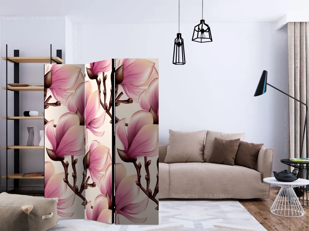 Parawan dwustronny Kwiaty 135x172 cm 3-częściowy beżowy | MIRAT.