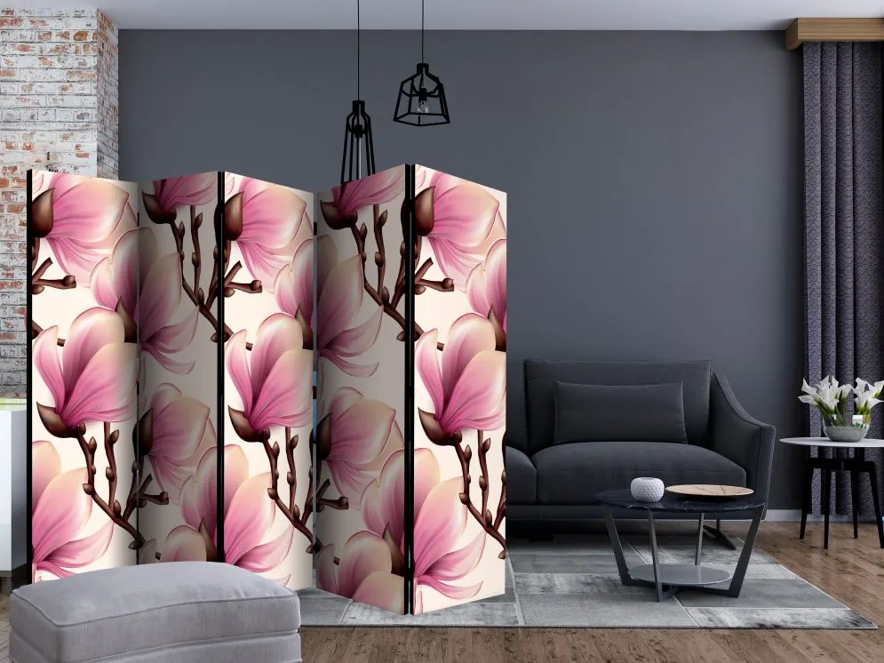 Parawan jednostronny Kwiaty 225x172 cm 5-częściowy beżowy | MIRAT.
