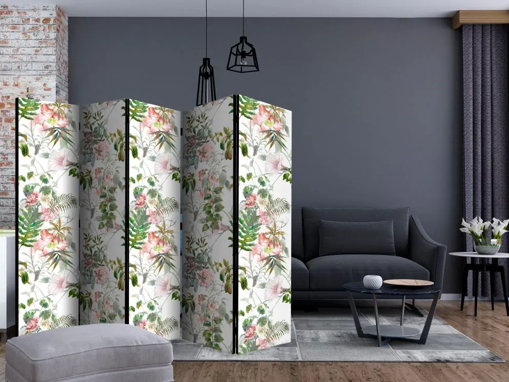 Parawan dwustronny Kwiaty 225x172 cm 5-częściowy szary | MIRAT.