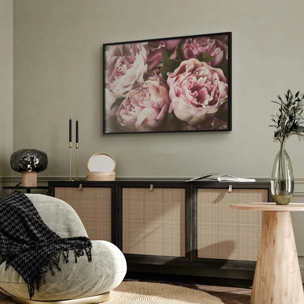 Plakat Różowe piwonie 90x60 cm z ramą czarną bez marginesu | MIRAT.