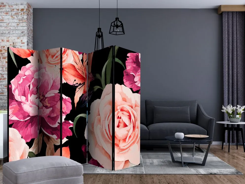 Parawan dwustronny Kwiaty 225x172 cm 5-częściowy czarny | MIRAT.