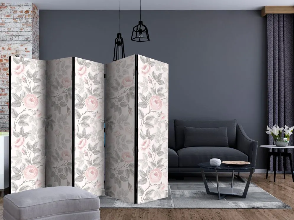 Parawan dwustronny Kwiaty 225x172 cm 5-częściowy czarny | MIRAT.