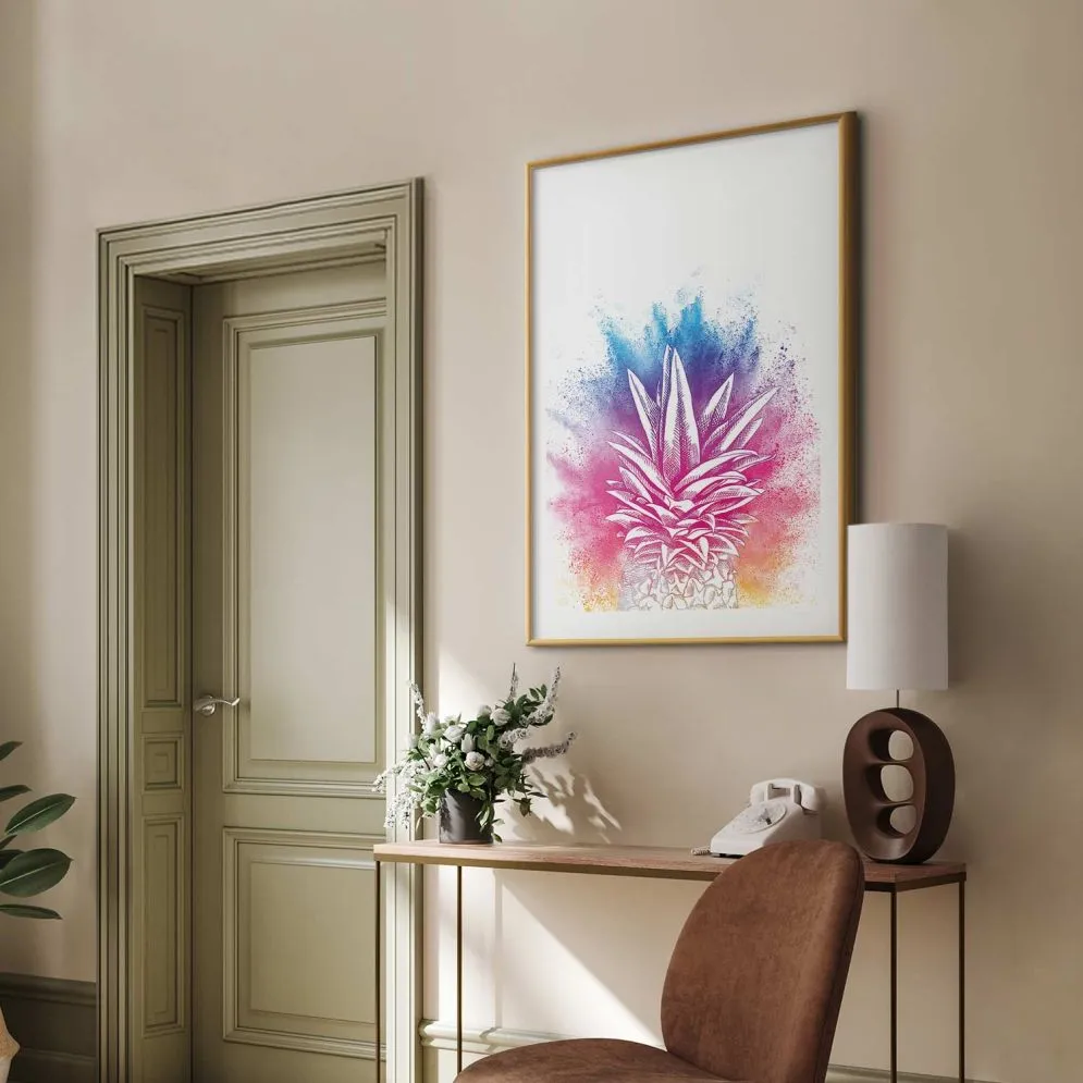 Plakat Kolorowy ananas 21x30 cm z ramą złotą z marginesem | MIRAT.