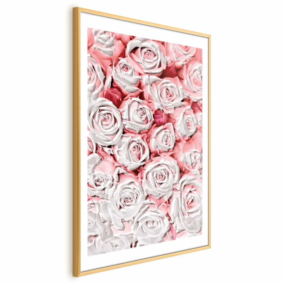 Plakat Białe róże 29,7x42 cm z ramą złotą z marginesem | MIRAT.