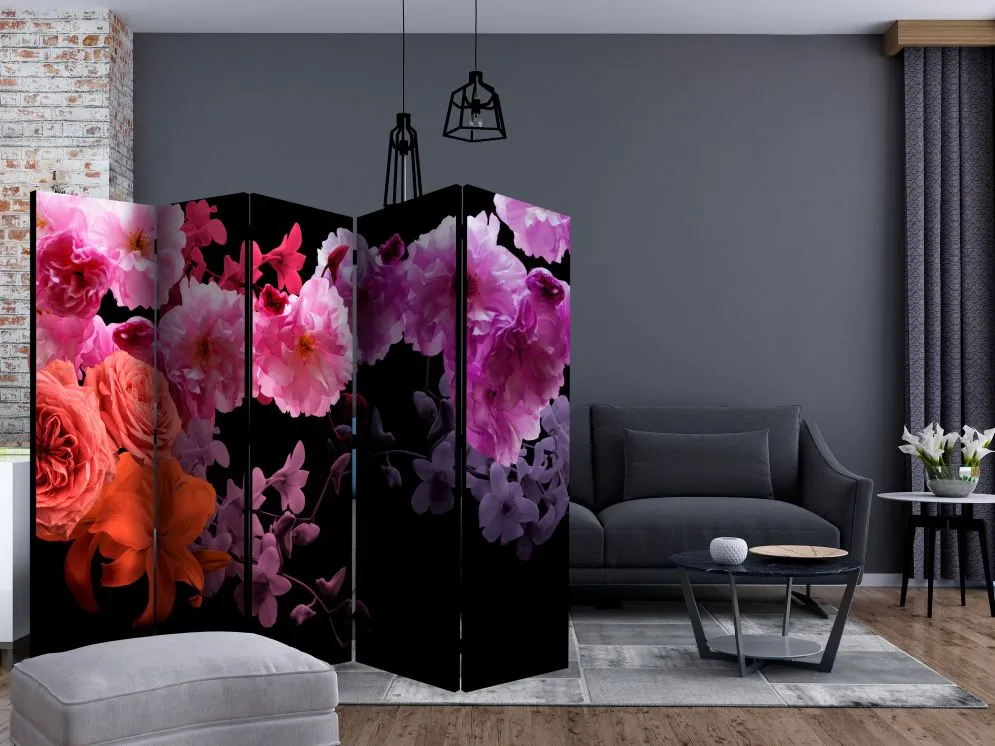 Parawan dwustronny Kwiaty 225x172 cm 5-częściowy czarny | MIRAT.