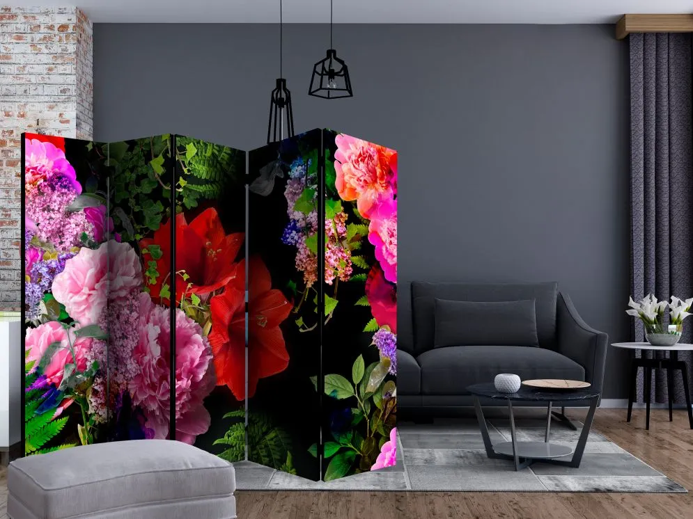 Parawan jednostronny Kwiaty 225x172 cm 5-częściowy czarny | MIRAT.