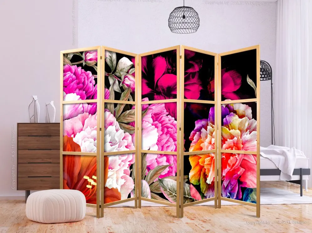 Parawan japoński Kwiaty 225x172 cm 3-częściowy czarny | MIRAT.