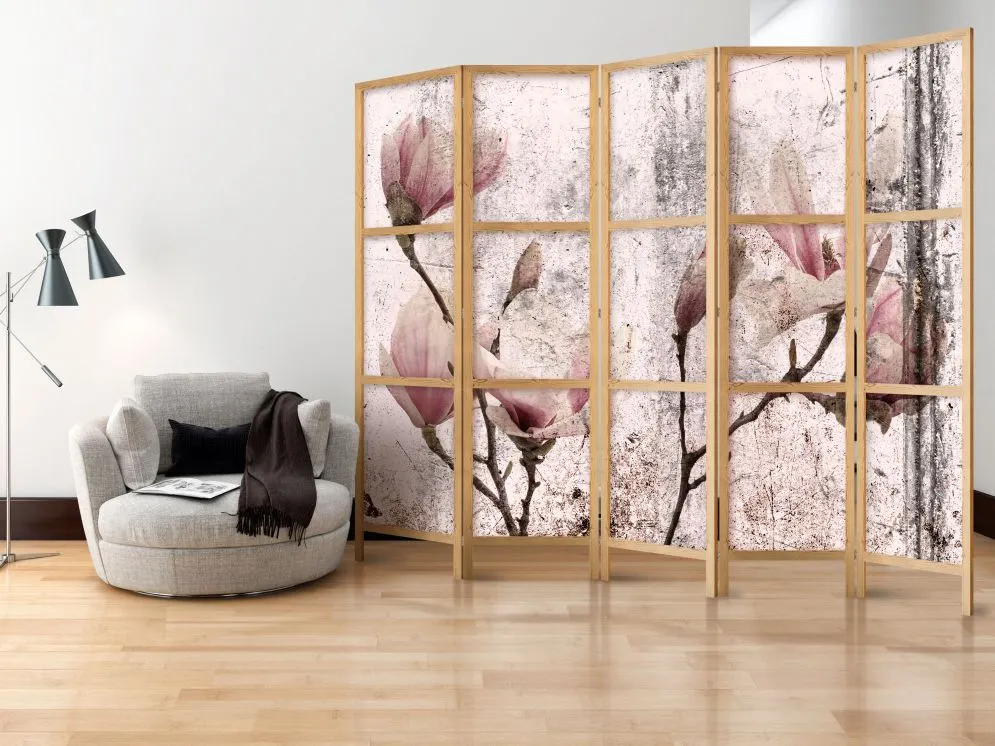 Parawan japoński Kwiaty 225x172 cm 3-częściowy szary | MIRAT.