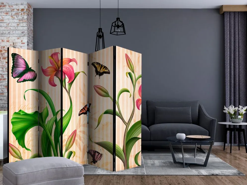 Parawan dwustronny Kwiaty 225x172 cm 5-częściowy beżowy | MIRAT.