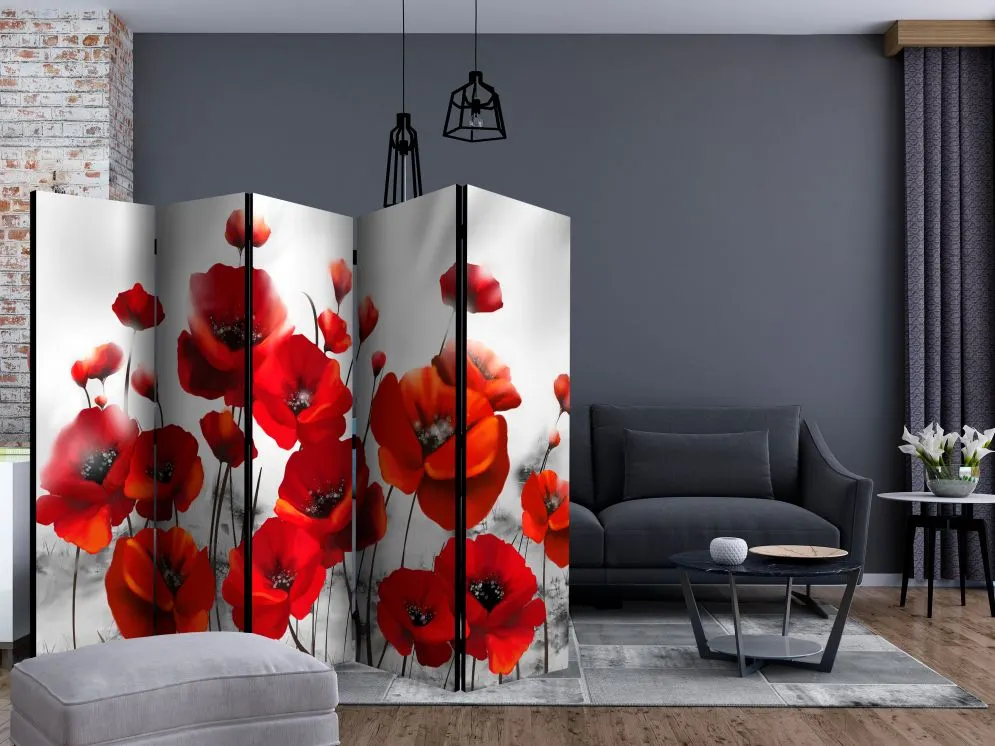 Parawan jednostronny Kwiaty 225x172 cm 5-częściowy szary | MIRAT.