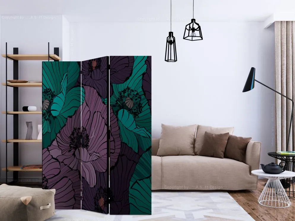 Parawan jednostronny Kwiaty 135x172 cm 3-częściowy niebieski | MIRAT.