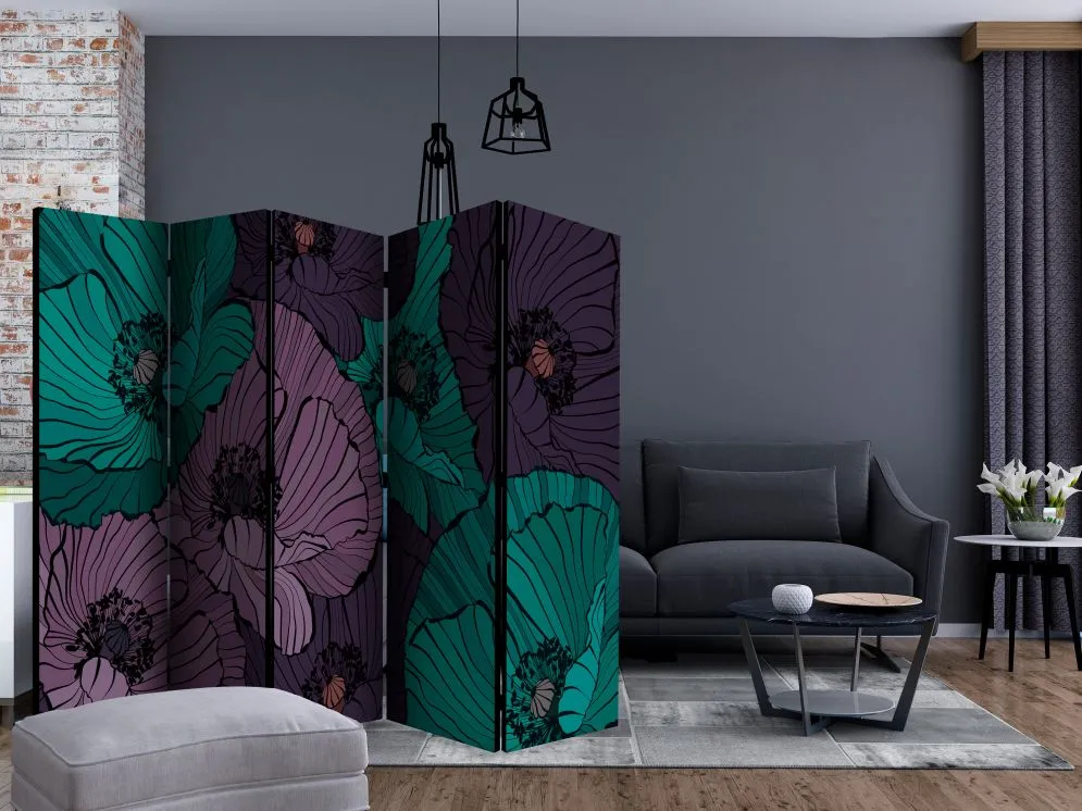 Parawan akustyczny Kwiaty 225x172 cm 3-częściowy niebieski | MIRAT.