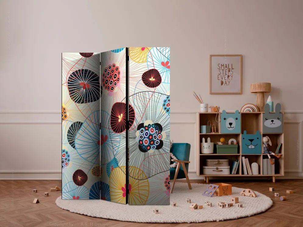 Parawan akustyczny Kwiaty 135x172 cm 3-częściowy wielokolorowy | MIRAT.