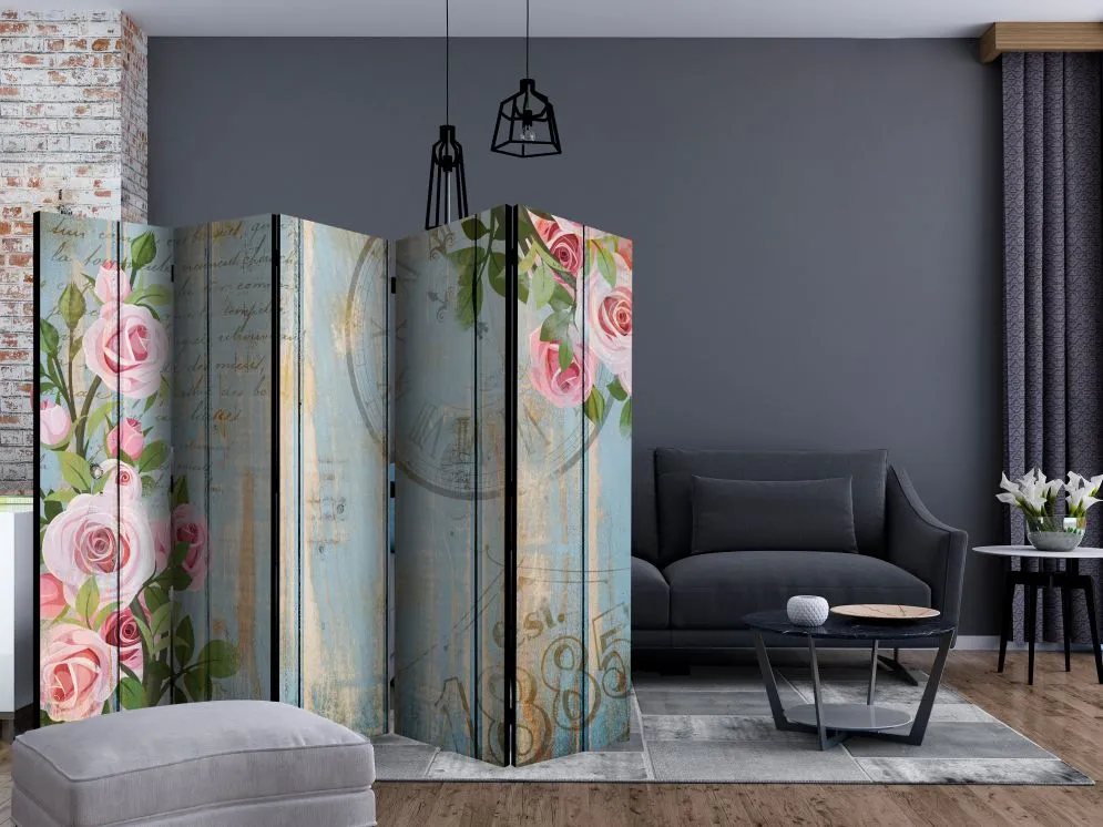 Parawan dwustronny Kwiaty 225x172 cm 5-częściowy szary | MIRAT.