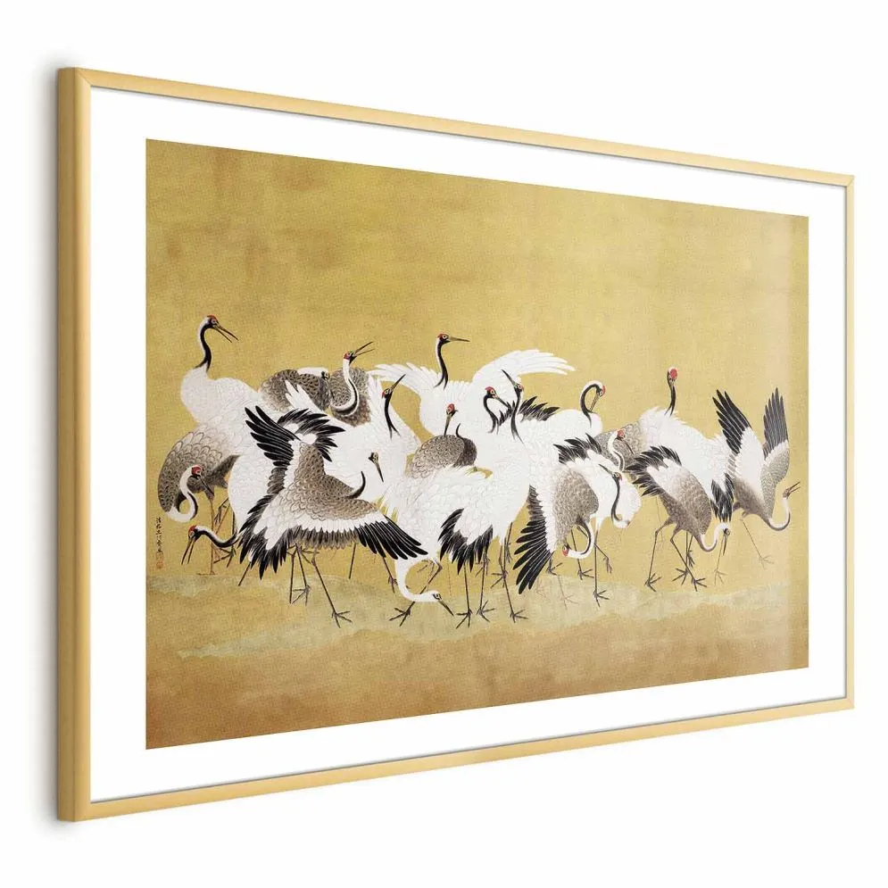 Plakat Japońskie żurawie 42x29,7 cm z ramą złotą z marginesem | MIRAT.
