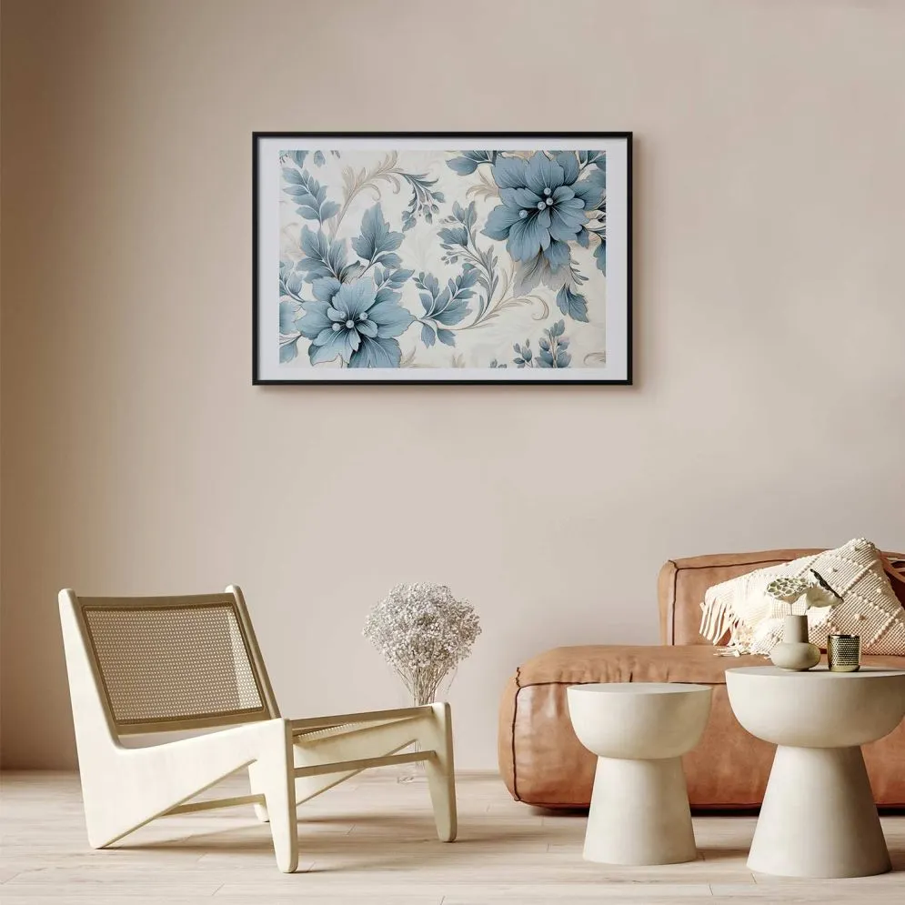 Plakat Turkusowe retro kwiaty 90x60 cm z ramą czarną z marginesem | MIRAT.