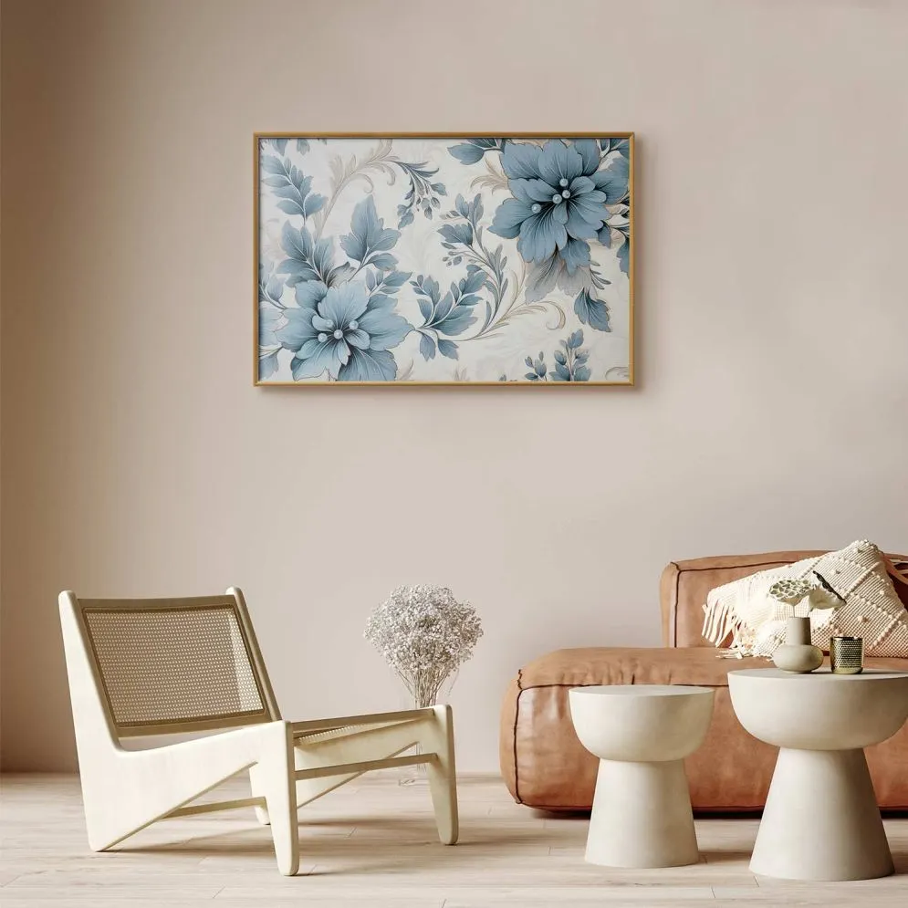 Plakat Turkusowe retro kwiaty 60x40 cm z ramą złotą bez marginesu | MIRAT.