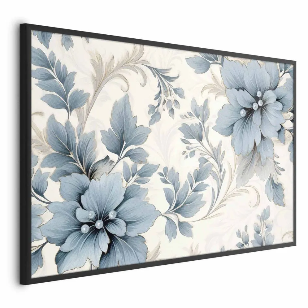 Plakat Turkusowe retro kwiaty 42x29,7 cm z ramą czarną bez marginesu | MIRAT.