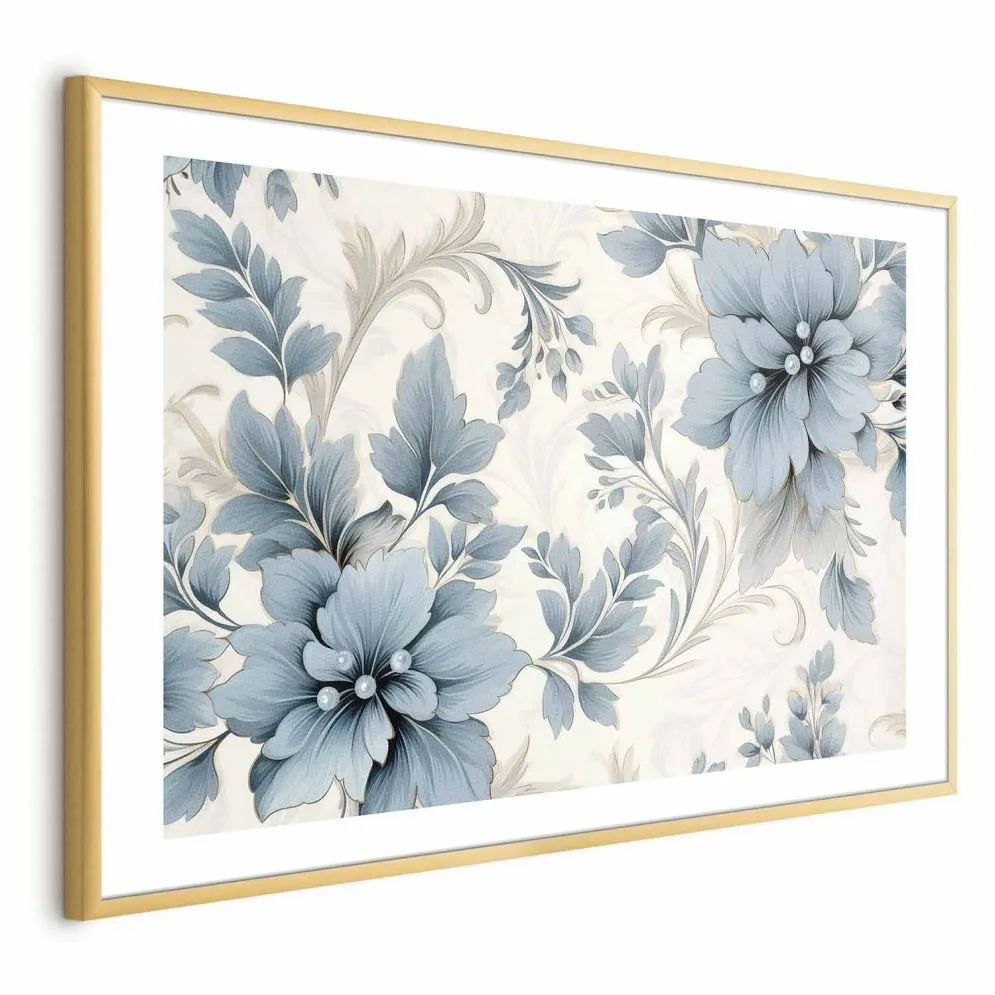 Plakat Turkusowe retro kwiaty 90x60 cm z ramą złotą z marginesem | MIRAT.