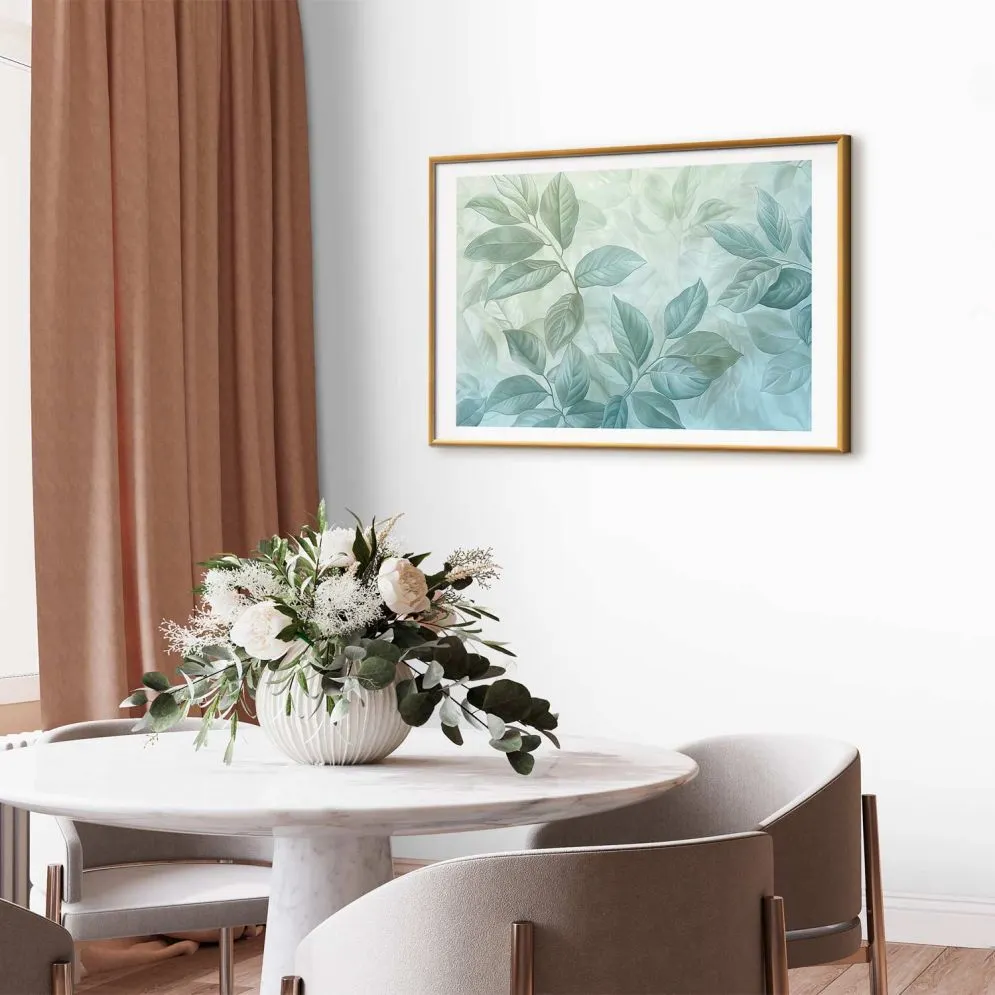 Plakat Miętowe liście 90x60 cm z ramą złotą z marginesem | MIRAT.