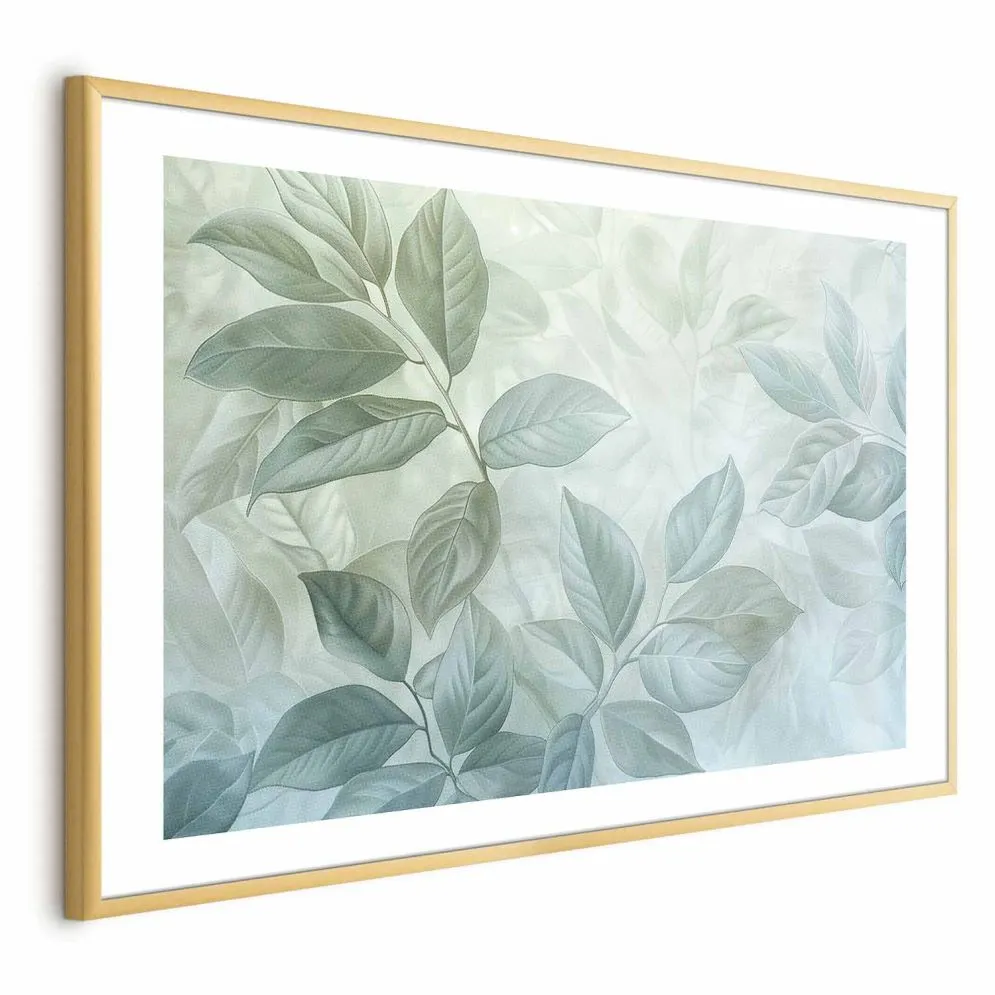 Plakat Miętowe liście 90x60 cm z ramą złotą z marginesem | MIRAT.