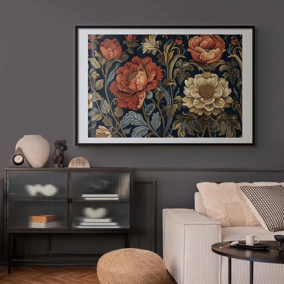 Plakat Gobelinowe kwiaty 60x40 cm z ramą czarną z marginesem | MIRAT.