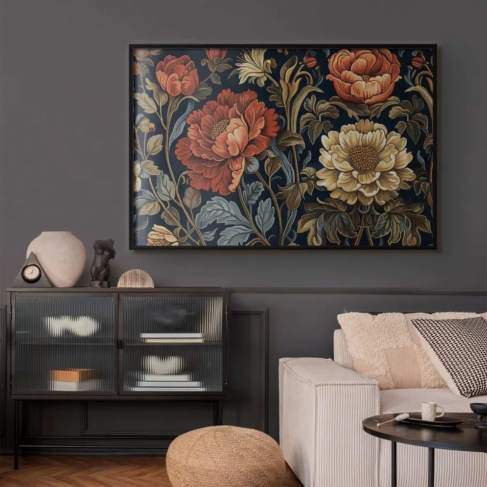 Plakat Gobelinowe kwiaty 60x40 cm z ramą czarną bez marginesu | MIRAT.
