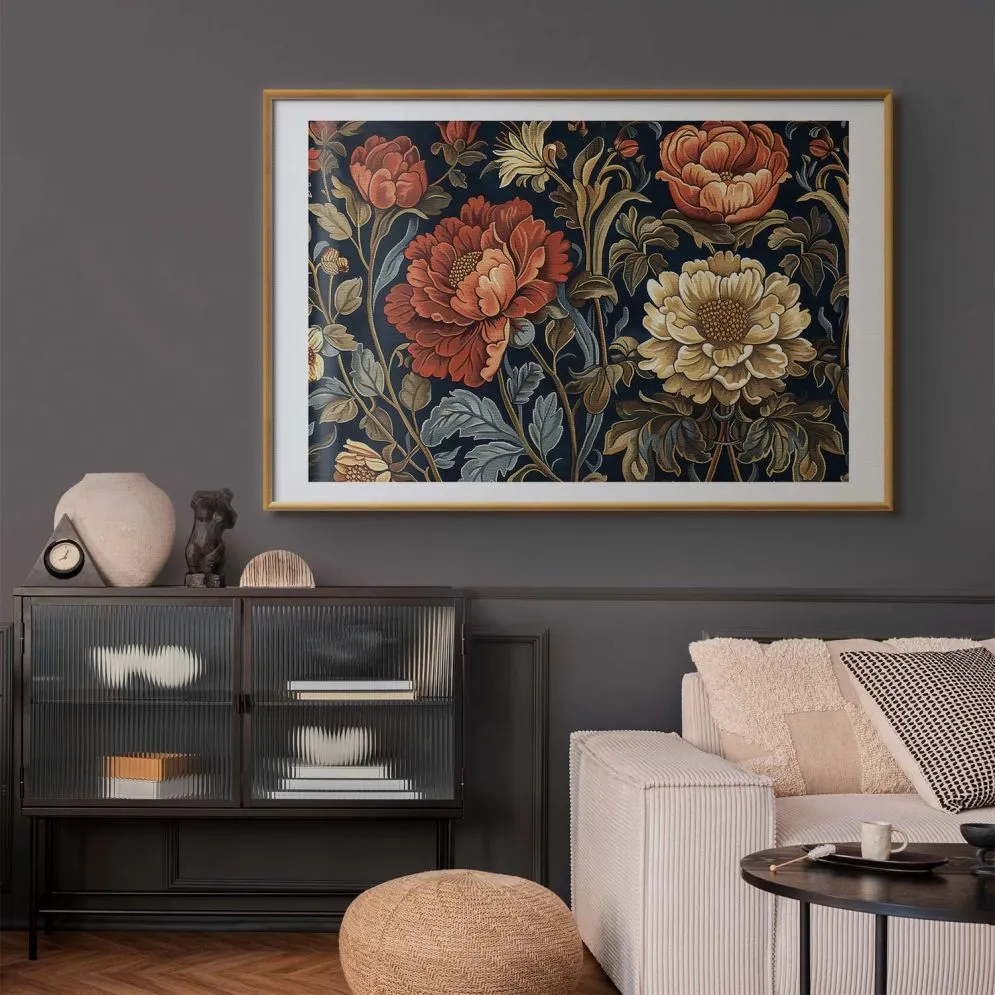 Plakat Gobelinowe kwiaty 42x29,7 cm z ramą złotą z marginesem | MIRAT.
