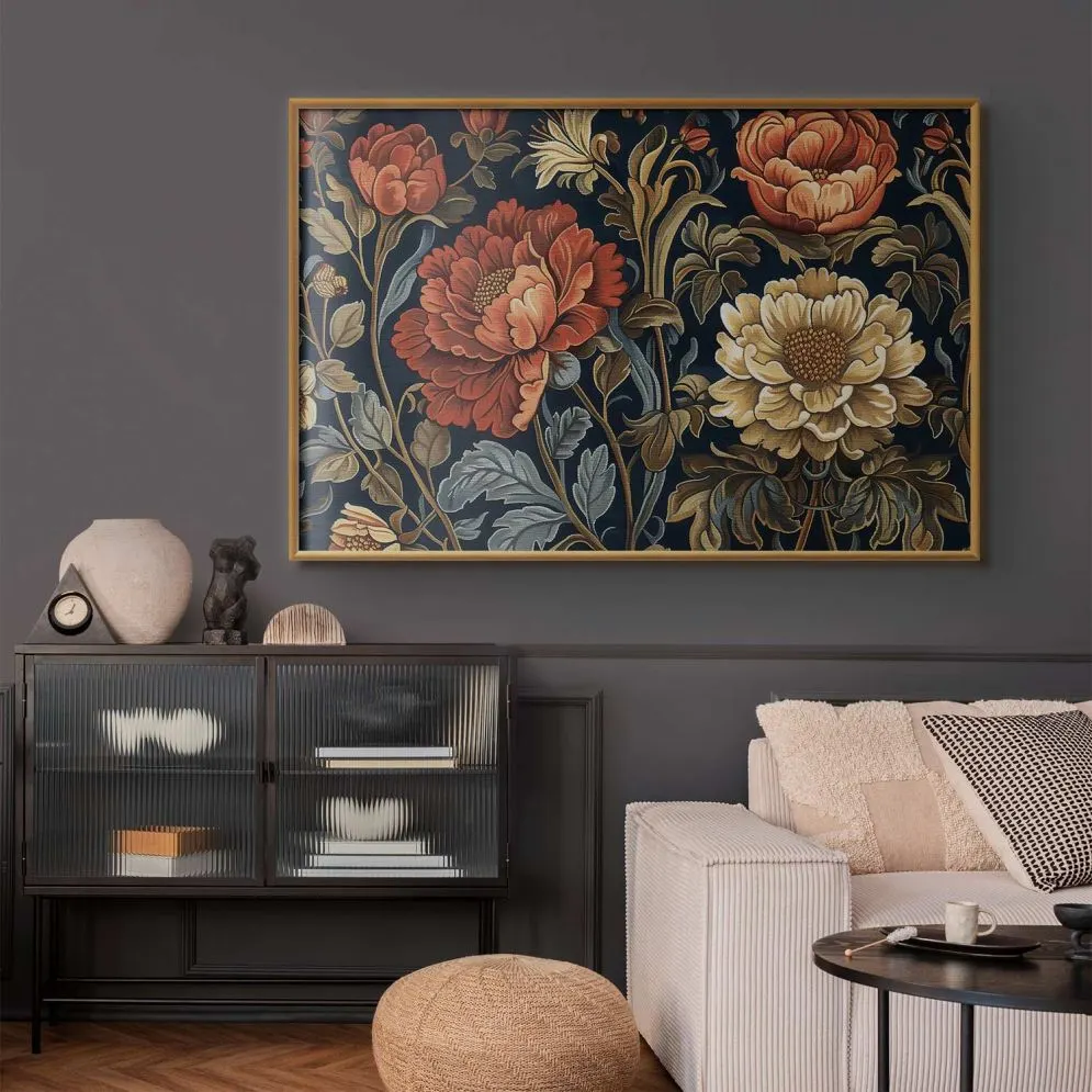 Plakat Gobelinowe kwiaty 30x21 cm z ramą złotą bez marginesu | MIRAT.