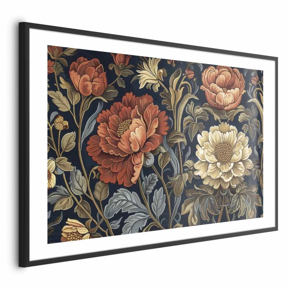 Plakat Gobelinowe kwiaty 60x40 cm z ramą czarną z marginesem | MIRAT.
