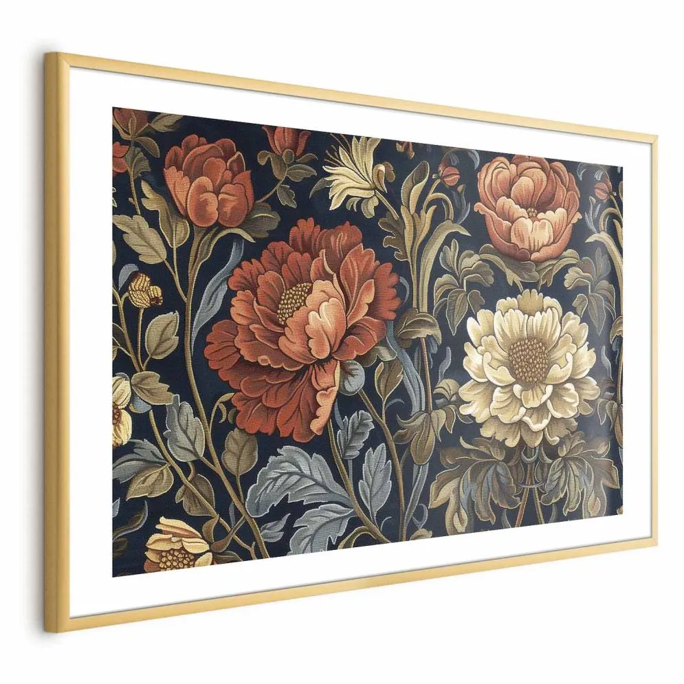 Plakat Gobelinowe kwiaty 42x29,7 cm z ramą złotą z marginesem | MIRAT.