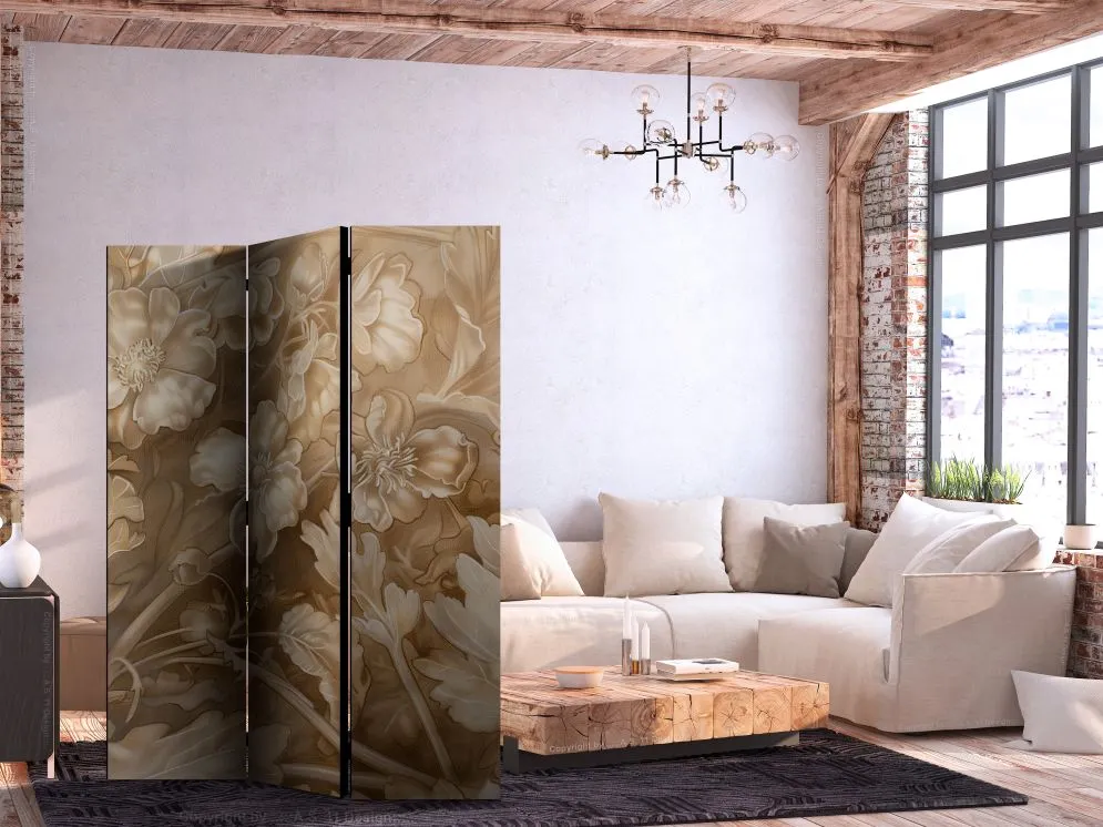 Parawan akustyczny Kwiaty 135x172 cm 3-częściowy beżowy | MIRAT.