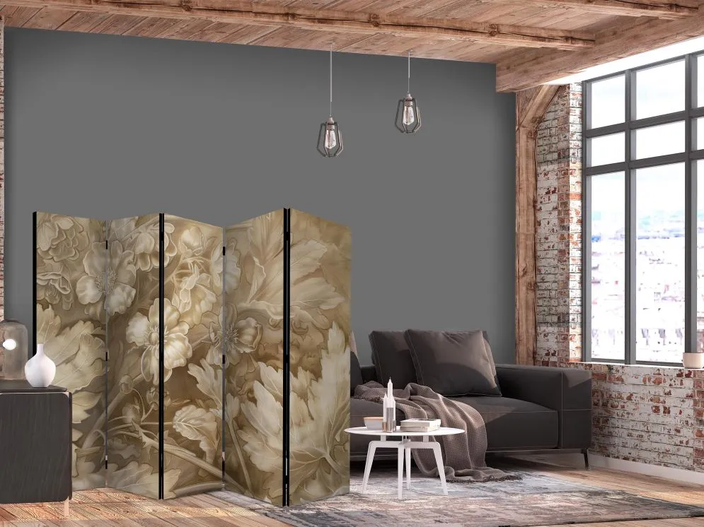 Parawan dwustronny Kwiaty 225x172 cm 5-częściowy beżowy | MIRAT.