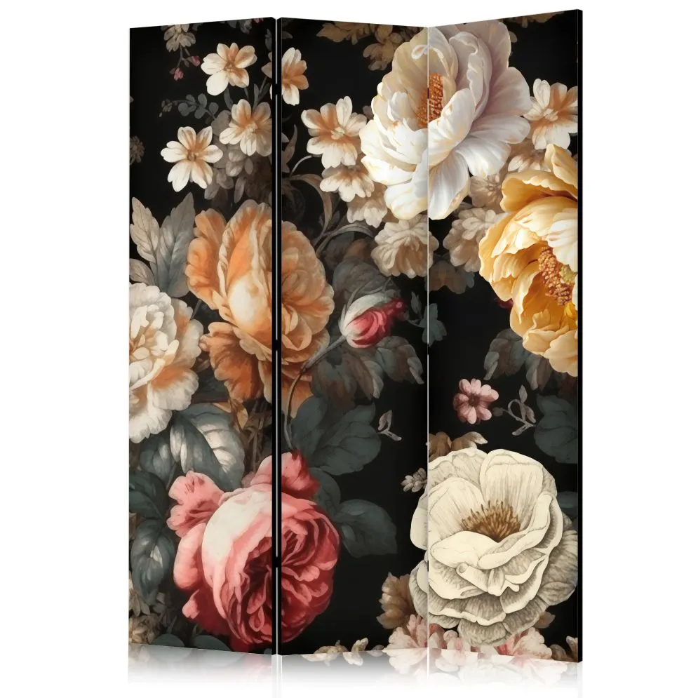 Parawan jednostronny Kwiaty 135x172 cm 3-częściowy czarny | MIRAT.