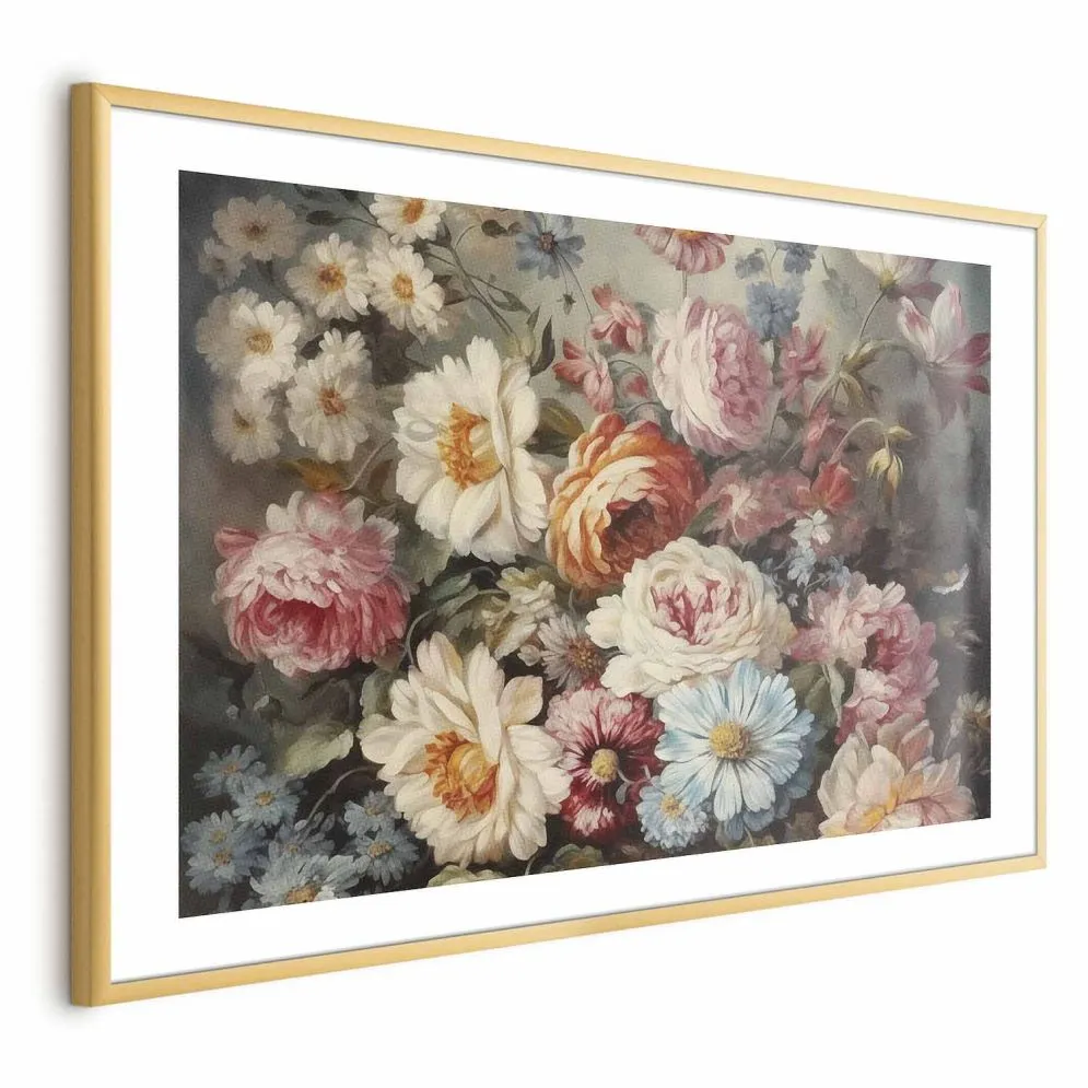 Plakat Zapach ogrodowych kwiatów 42x29,7 cm z ramą złotą z marginesem | MIRAT.