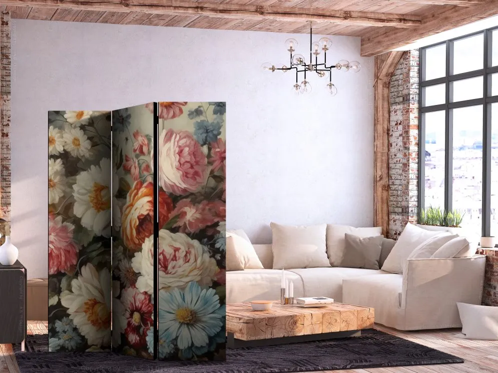 Parawan dwustronny Kwiaty 135x172 cm 3-częściowy beżowy | MIRAT.