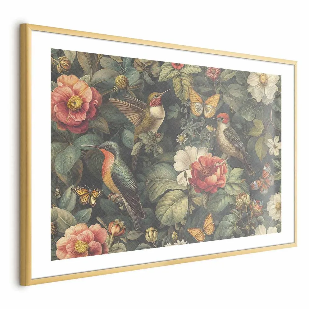Plakat Kwiaty i motyle 42x29,7 cm z ramą złotą z marginesem | MIRAT.