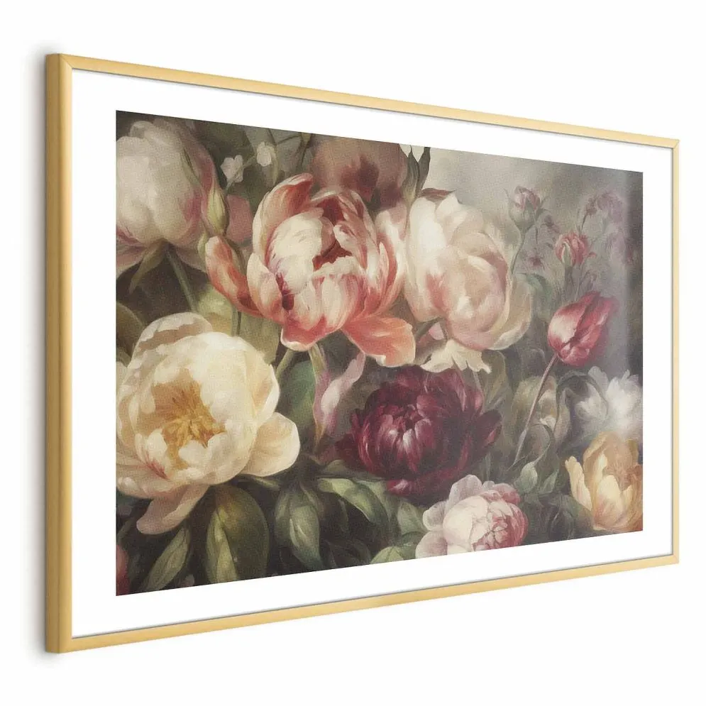 Plakat Piwonie 42x29,7 cm z ramą złotą z marginesem | MIRAT.
