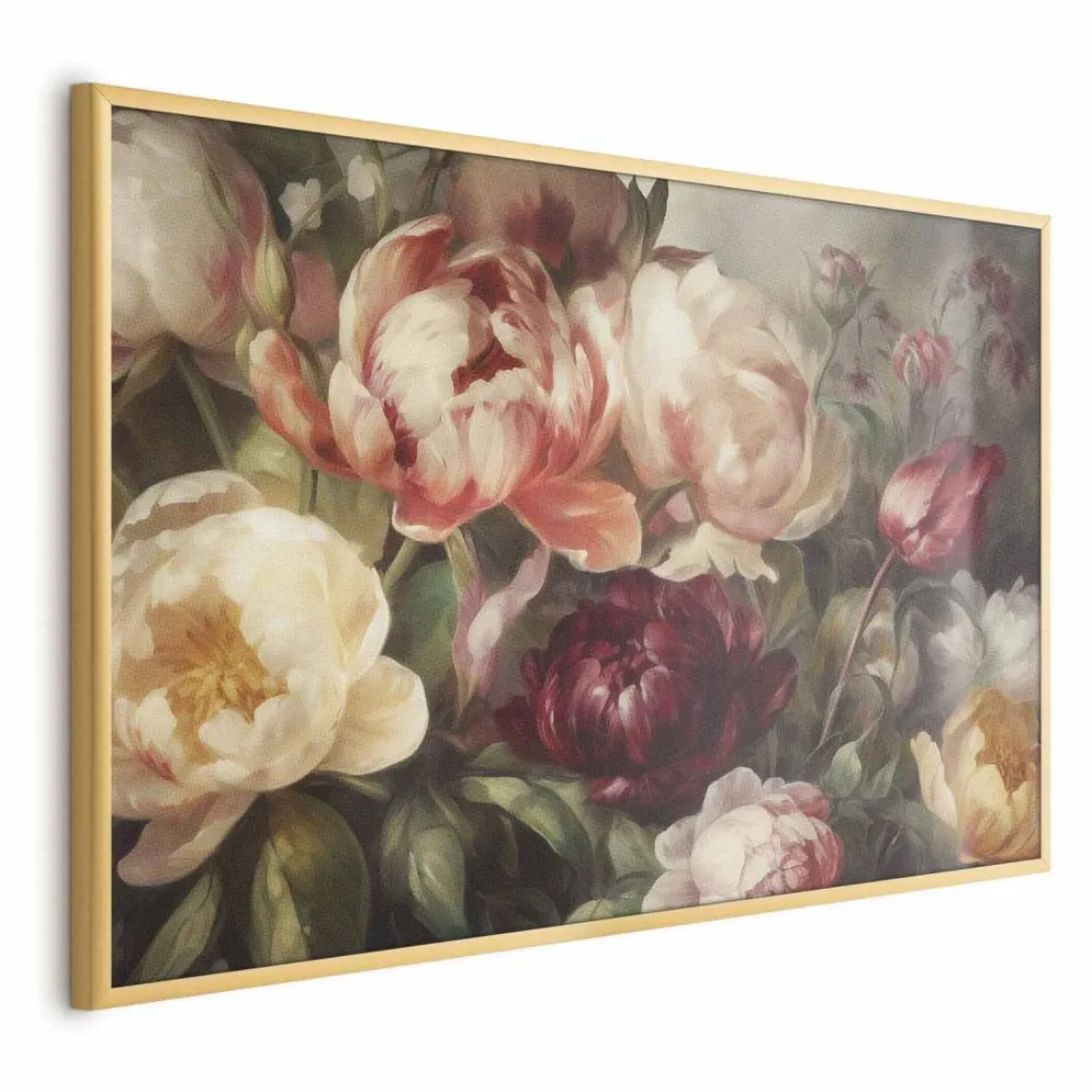 Plakat Piwonie 42x29,7 cm z ramą złotą bez marginesu | MIRAT.